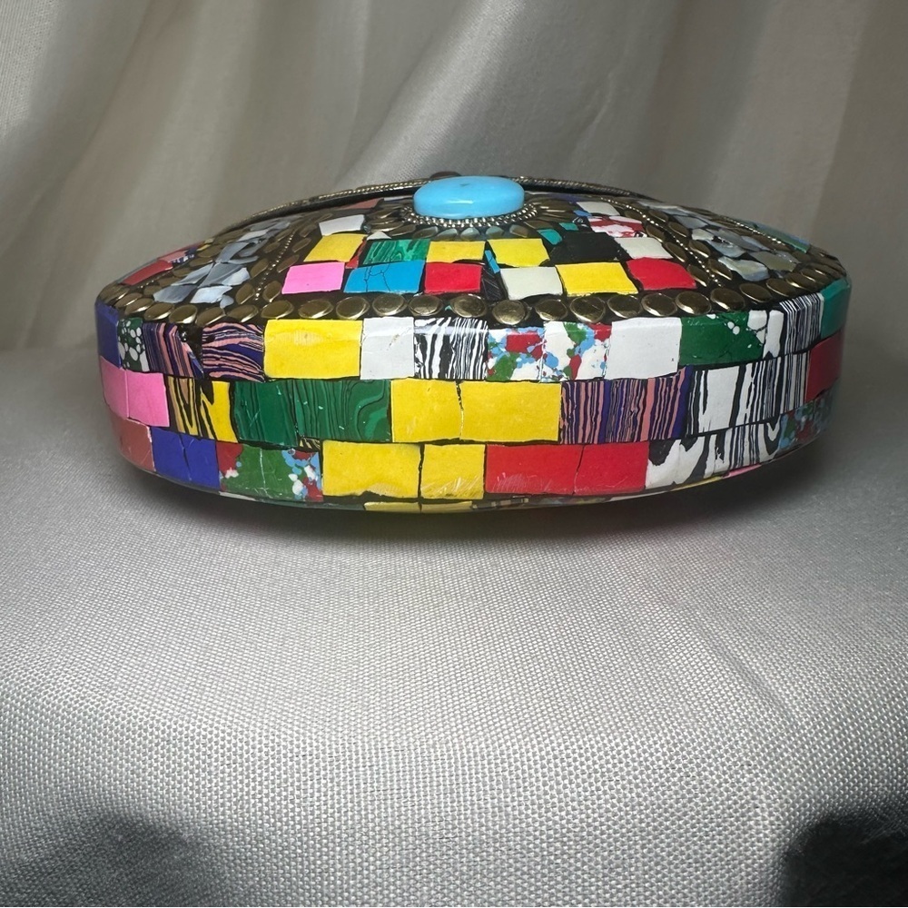 Ramla Mosaic Clutch Boho Stone Inlay Brass Purse Chain Strap Boho - Picture 7 of 9